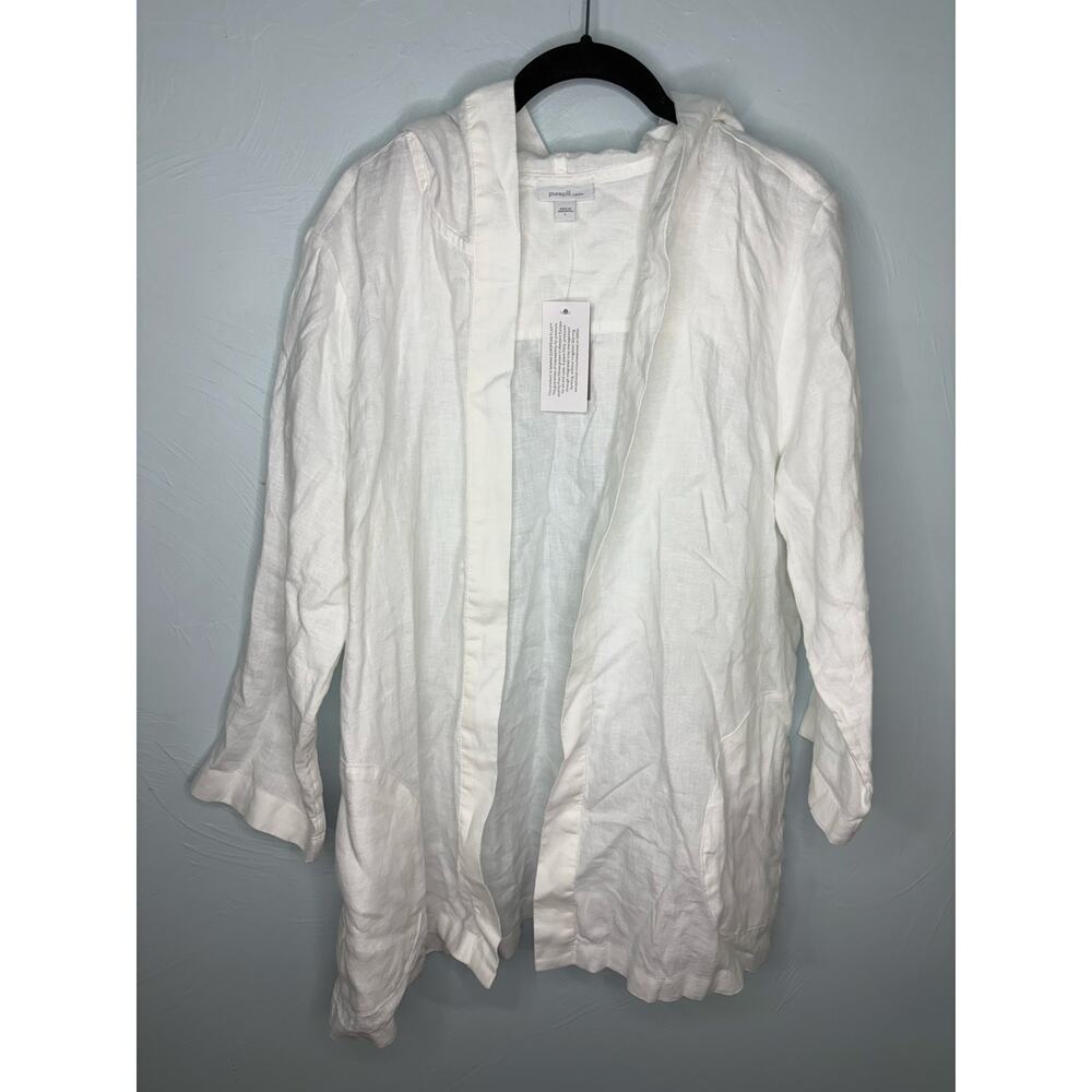 Pure Jill 100% Open Linen Top Cardigan Hooded Size Large White Coastal Flax NWT